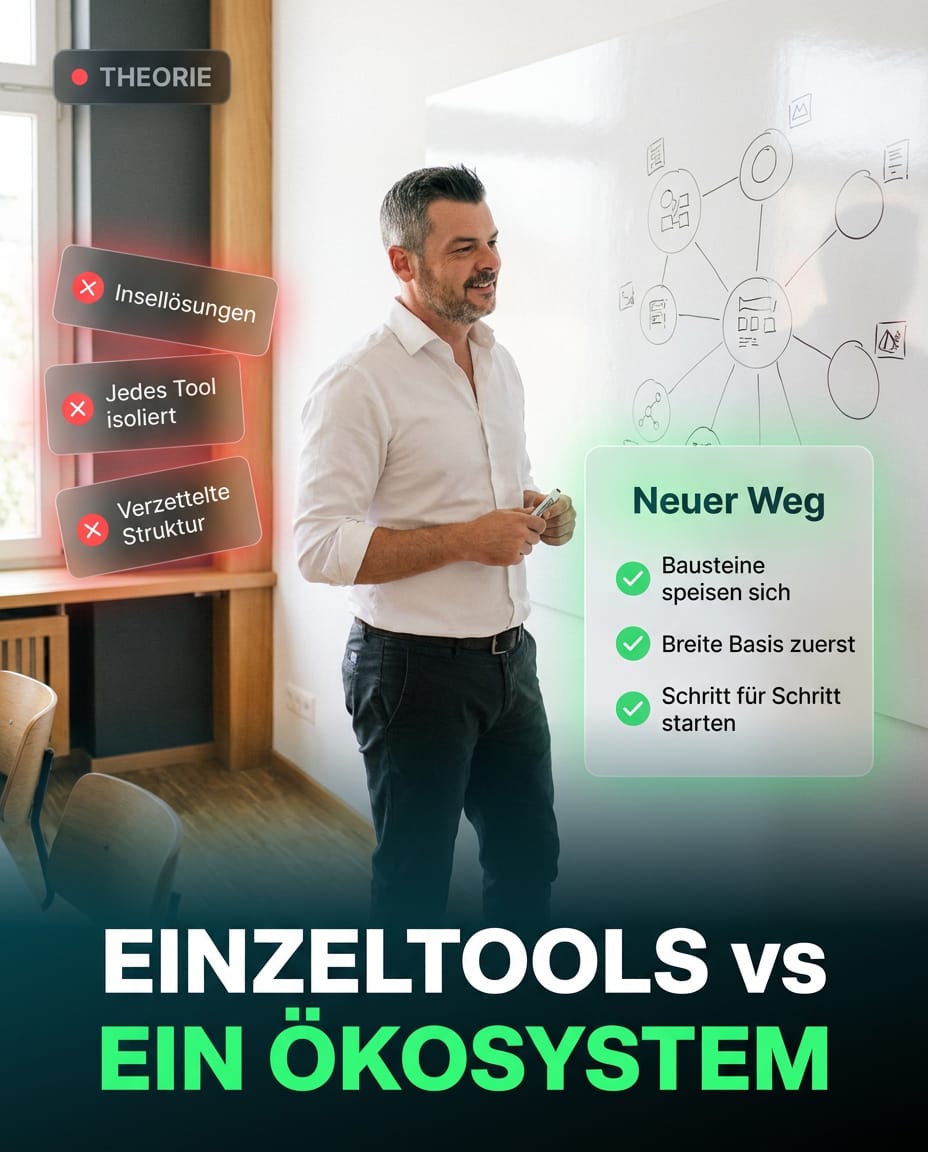 Martin Reichle steht vor einem Whiteboard mit einer Netzwerkskizze und erklärt den Unterschied zwischen isolierten Einzeltools und einem vernetzten Ökosystem, dargestellt durch gegenübergestellte Kritik- und Lösungspunkte.