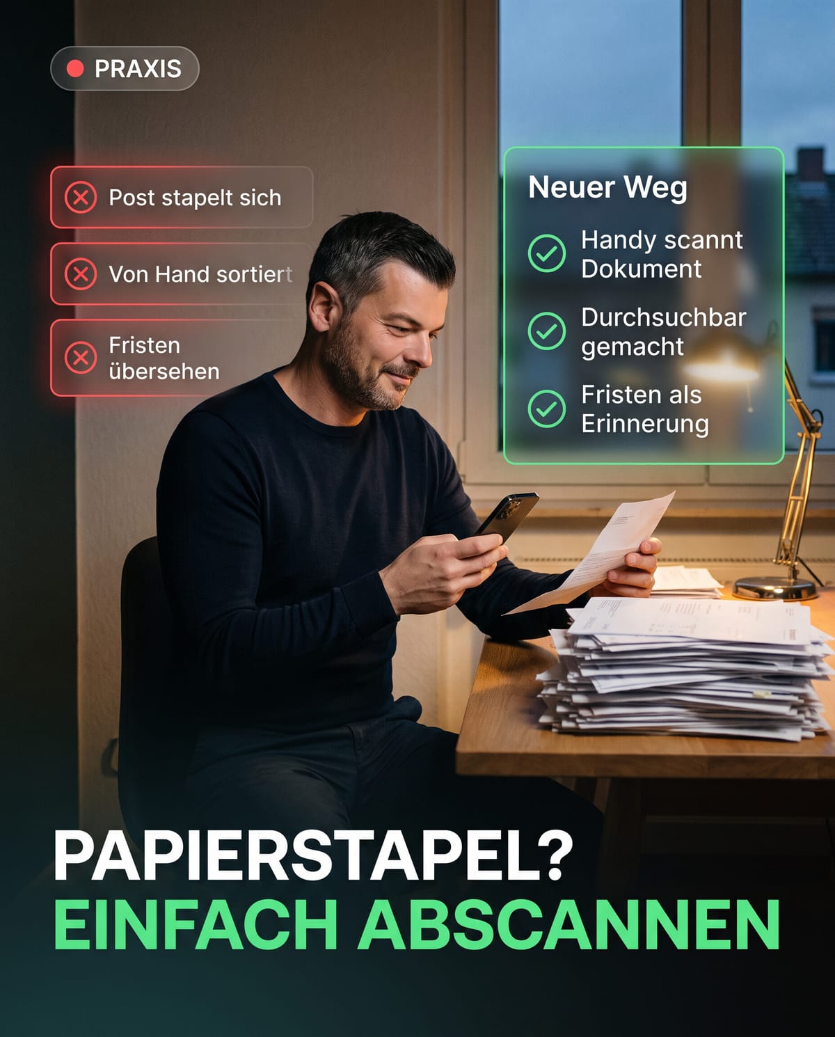 Martin Reichle sitzt an einem Schreibtisch mit einem Stapel Papierpost und scannt ein Dokument mit dem Smartphone ab.