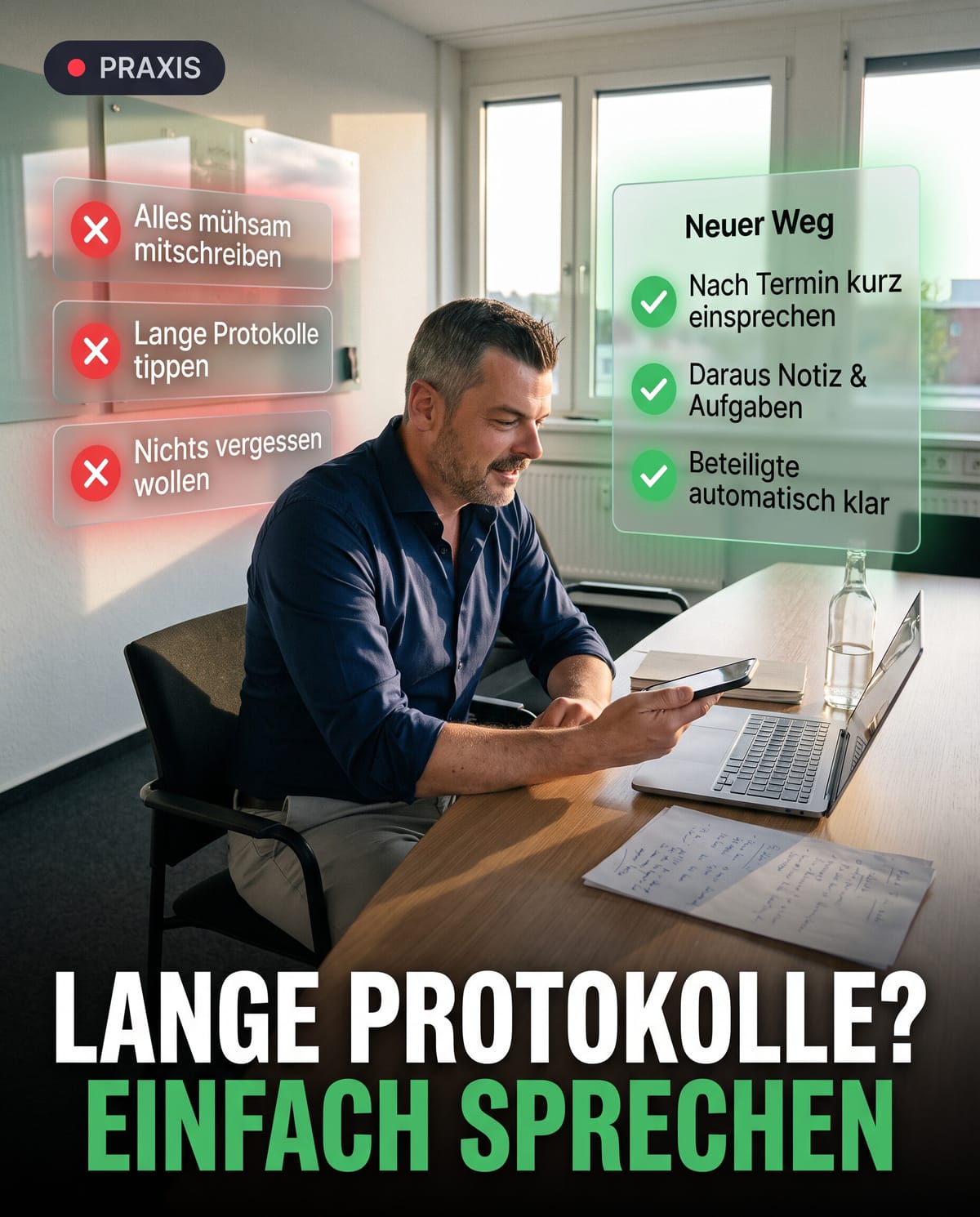 Martin Reichle sitzt an einem Besprechungstisch mit Laptop und spricht eine Notiz in sein Smartphone, umgeben von Grafiken zu Vor- und Nachteilen beim Protokollieren.