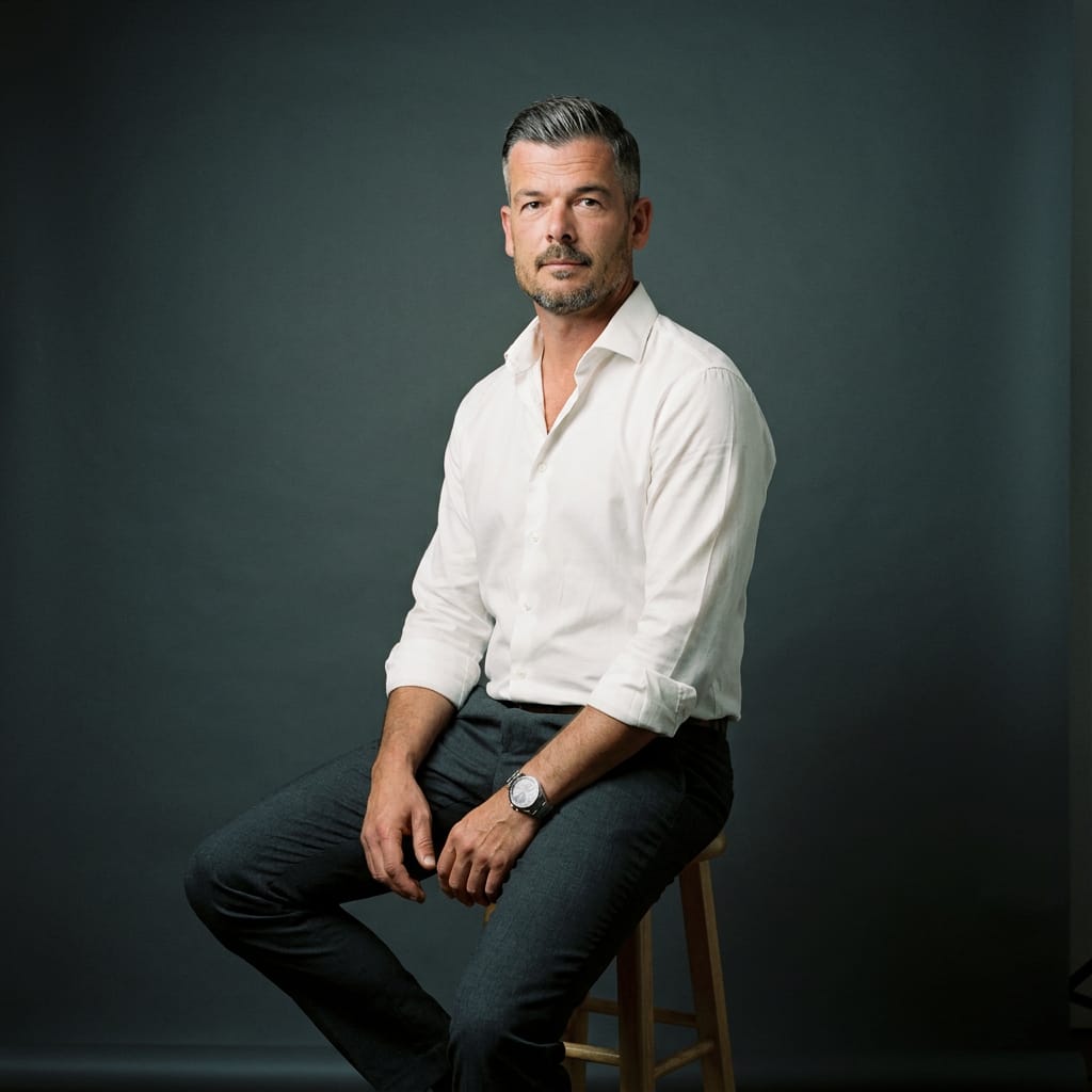 Martin Reichle sitzt in weißem Hemd und dunkler Hose auf einem Hocker vor grünlich-grauem Hintergrund und blickt in die Kamera.