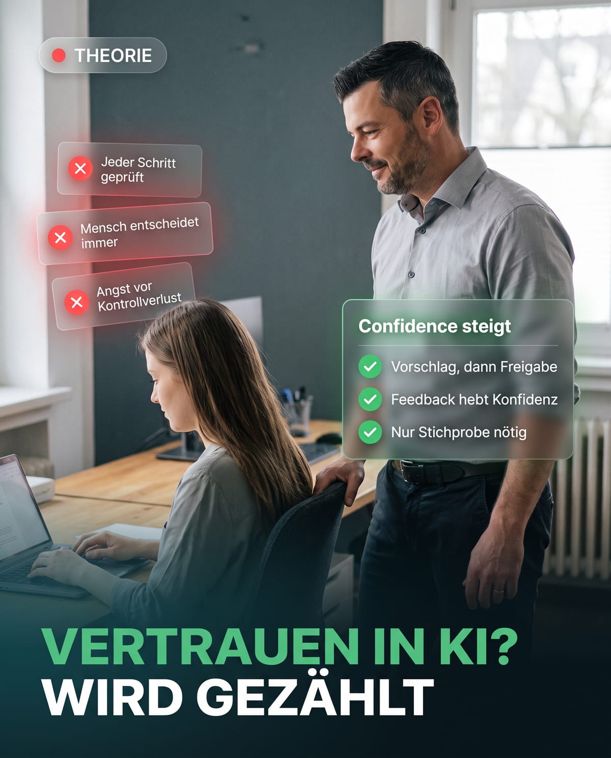 Martin Reichle steht hinter einer am Laptop arbeitenden Kollegin im Büro, umgeben von Textboxen zu Theorie und steigender Confidence bei KI-Vertrauen, darunter der Titel „Vertrauen in KI? Wird gezählt“.