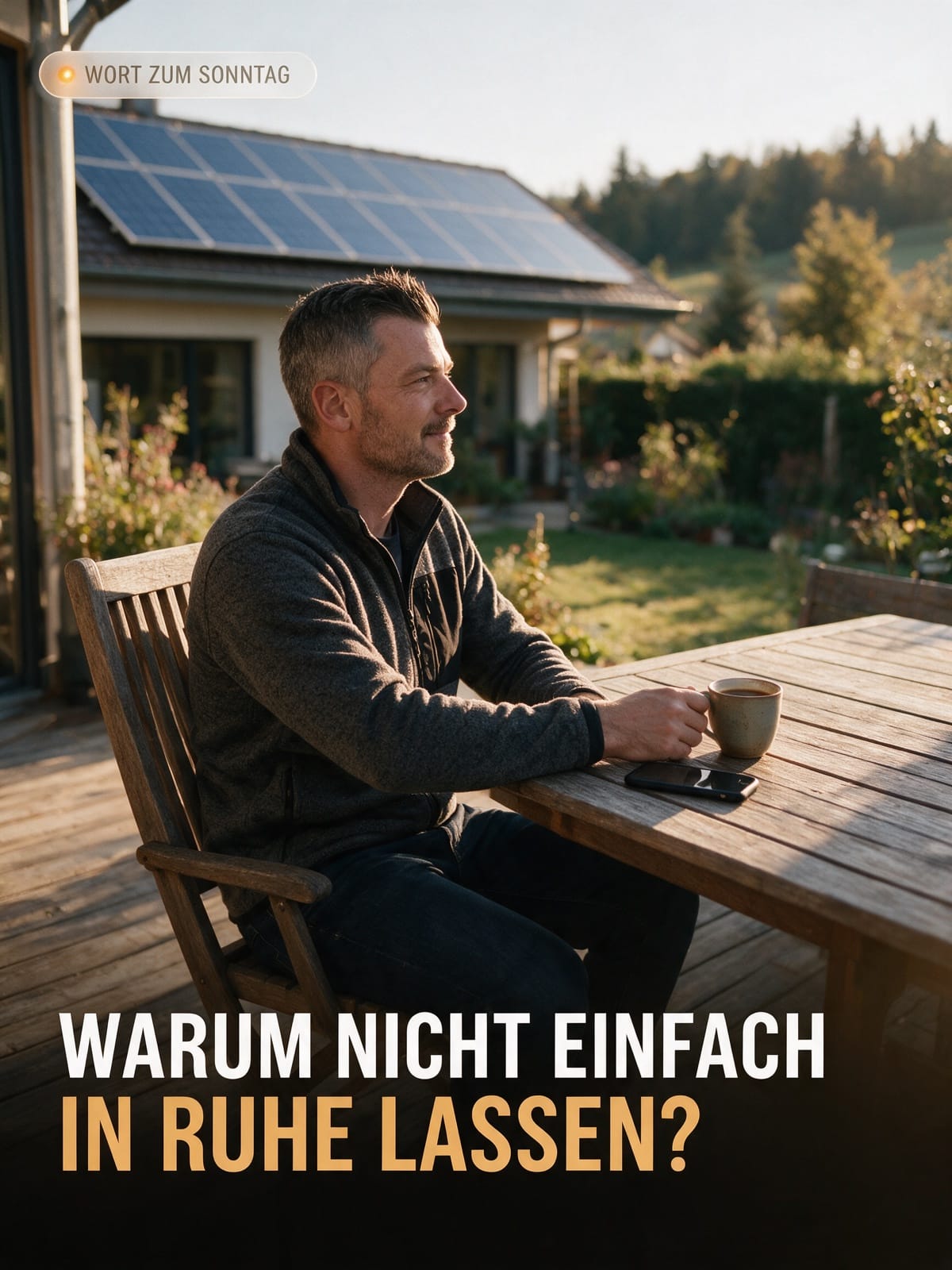 Martin sitzt in der Abendsonne an einem Holztisch auf der Terrasse vor seinem Haus mit Solardach, Kaffeetasse in der Hand, Handy umgedreht daneben. Text: Wort zum Sonntag – Warum nicht einfach in Ruhe lassen?