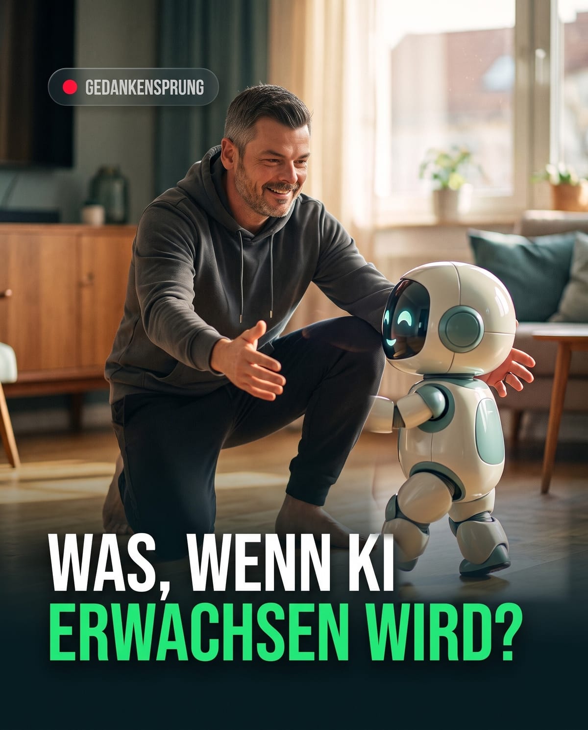 Martin kniet im Wohnzimmer und streckt die Hände einem kleinen Roboter entgegen, der seine ersten wackligen Schritte auf ihn zu macht.