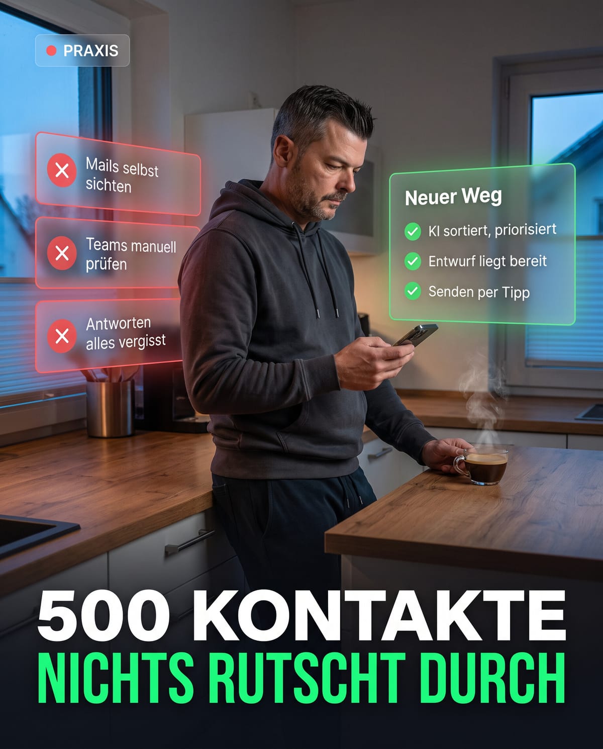 Martin Reichle steht in einer Küche und blickt auf sein Smartphone, daneben vergleichen Textboxen alte manuelle Abläufe mit KI-gestützter Kontaktsortierung, darunter der Titel „500 Kontakte – nichts rutscht durch“.